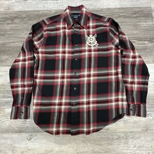 Ralph Lauren Shirt Women Button Down Size 10 M Flannel Plaid Silver Embroidered